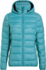 Blaue Daunenjacke mit Stehkragen und Kapuze, Reißverschluss.