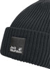 Schwarze Strickmütze mit Jack Wolfskin Logo und Pfotenabdruck.