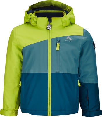 Grüne und blaue Kinder-Skijacke mit Kapuze und Reißverschluss. Grüne und blaue Kinder-Skijacke mit Kapuze und Reißverschluss.