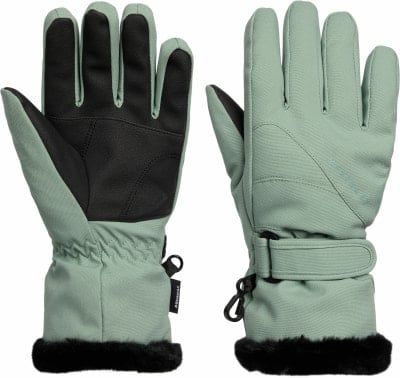 Grüne Handschuhe mit schwarzen Handflächen und schwarzem Pelzbesatz.