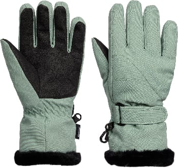 Grüne Handschuhe mit schwarzen Handflächen und schwarzem Pelzbesatz.