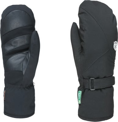 Schwarze Skifäustlinge mit Lederdetails und verstellbarem Riemen. Schwarze Skifäustlinge mit Lederdetails und verstellbarem Riemen.