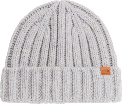 Hellgraue Strickmütze mit braunem North Face Lederetikett. Hellgraue Strickmütze mit braunem North Face Lederetikett.