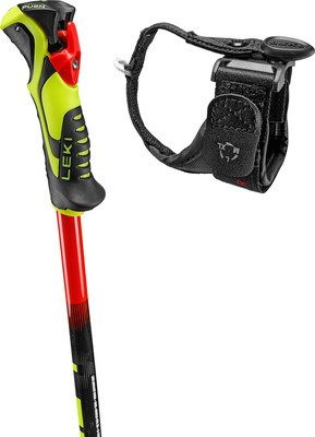LEKI Skistockgriff mit rotem Knopf und Handschlaufe.