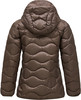 Rückansicht einer braunen Daunenjacke mit Kapuze und Wellensteppung.