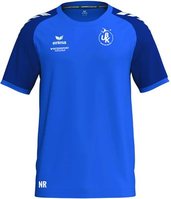 Blaues Sport-T-Shirt mit dunkelblauen Ärmeln und Logos.