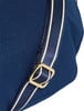 Dunkelblaue Tasche mit gestreiftem Riemen und goldener Schnalle.