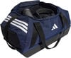 Dunkelblaue Adidas Sporttasche mit weißen Streifen und Logo.