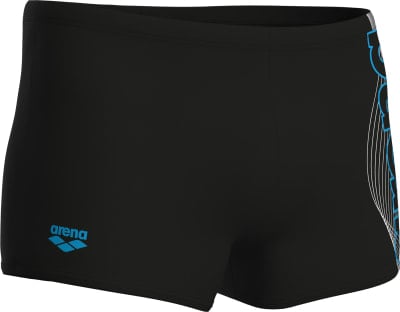 Schwarze Arena Badeshorts mit blauem Logo und seitlichem Design. Schwarze Arena Badeshorts mit blauem Logo und seitlichem Design.