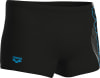 Schwarze Arena Badeshorts mit blauem Logo und seitlichem Design.