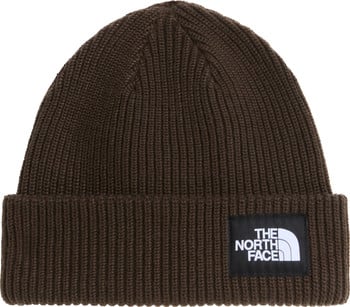 Braune Strickmütze von The North Face mit weißem Logo.