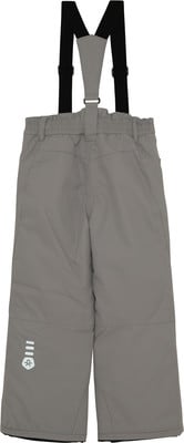 Graue Kinder-Latzhose mit schwarzen Hosenträgern.