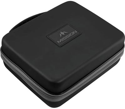 Schwarze Reißverschlusstasche mit Mission-Logo. Schwarze Reißverschlusstasche mit Mission-Logo.