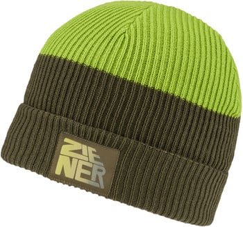Grün-braune gestreifte Strickmütze mit ZIENER-Logo.