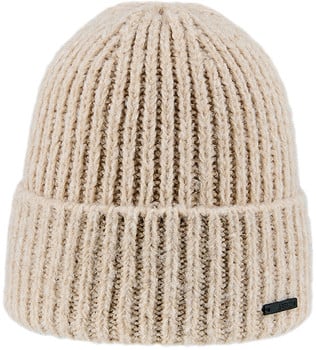 Eine cremefarbene Rippstrickmütze mit einem kleinen Logo.
