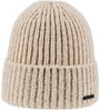 Eine cremefarbene Rippstrickmütze mit einem kleinen Logo.