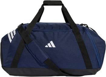 Dunkelblaue Adidas Sporttasche mit weißem Logo und Streifen.