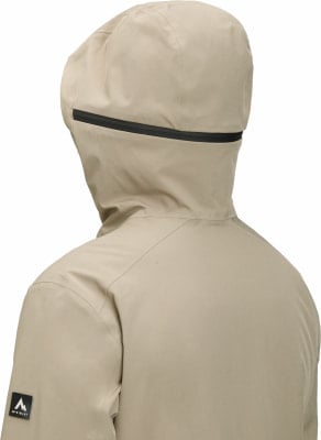 Rückansicht einer beige Kapuzenjacke mit schwarzem Reißverschluss. Rückansicht einer beige Kapuzenjacke mit schwarzem Reißverschluss.