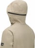 Rückansicht einer beige Kapuzenjacke mit schwarzem Reißverschluss.