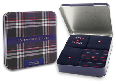 Tommy Hilfiger zokni díszdobozban, kockás fém dobozban.