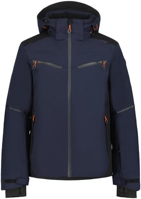 Herren dunkelblaue Jacke mit Kapuze und orangefarbenen Details, zum Skifahren geeignet. Herren dunkelblaue Jacke mit Kapuze und orangefarbenen Details, zum Skifahren geeignet.