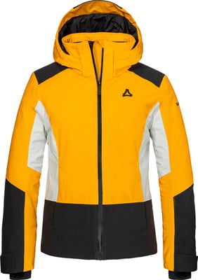 Gelbe Skijacke mit schwarzen und grauen Details und Logo auf der Brust.
