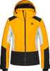 Gelbe Skijacke mit schwarzen und grauen Details und Logo auf der Brust.