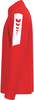 Rote Jacke mit weißem Streifen und Logo auf dem Ärmel.