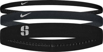Drei schwarze Nike-Sportstirnbänder, eines mit Logo, eines mit der Zahl 9. Drei schwarze Nike-Sportstirnbänder, eines mit Logo, eines mit der Zahl 9.