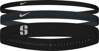Drei schwarze Nike-Sportstirnbänder, eines mit Logo, eines mit der Zahl 9.