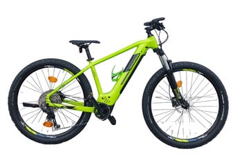 Grünes E-Bike mit Federung und Scheibenbremsen auf weißem Hintergrund.