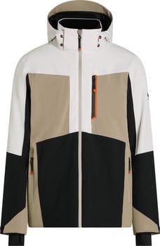 Bunte Herren-Skijacke mit Kapuze und orangefarbenen Details.