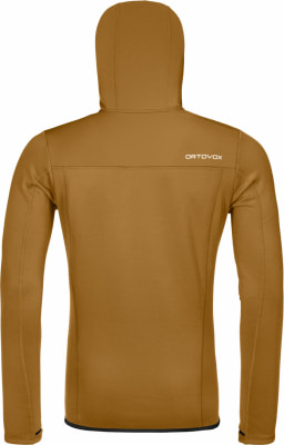 Rückansicht einer braunen Kapuzenjacke mit ORTOVOX-Logo. Rückansicht einer braunen Kapuzenjacke mit ORTOVOX-Logo.