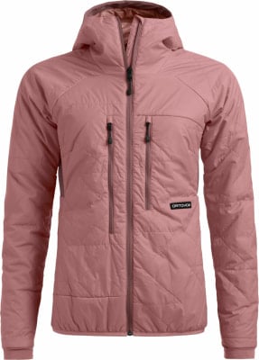 Eine rosafarbene Steppjacke mit Kapuze und zwei Brusttaschen. Eine rosafarbene Steppjacke mit Kapuze und zwei Brusttaschen.