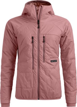 Eine rosafarbene Steppjacke mit Kapuze und zwei Brusttaschen.