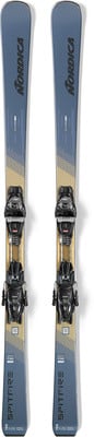 Nordica Spitfire Ski mit Bindung sind blau mit geometrischem Muster. Nordica Spitfire Ski mit Bindung sind blau mit geometrischem Muster.