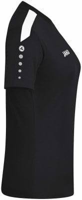 Schwarzes T-Shirt mit weißen Streifen am Ärmel und Markenlogo. Schwarzes T-Shirt mit weißen Streifen am Ärmel und Markenlogo.