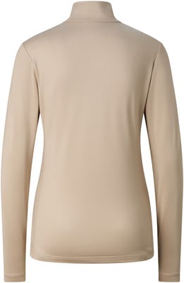 Ein beiger Damenpullover mit Stehkragen und langen Ärmeln.