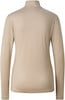 Ein beiger Damenpullover mit Stehkragen und langen Ärmeln.