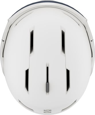 Draufsicht auf einen weißen Skihelm mit dunkelblauem Rand und Lüftungsschlitzen.