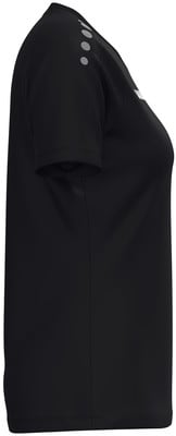 Schwarzes T-Shirt mit kurzen Ärmeln und Logo auf der Schulter. Schwarzes T-Shirt mit kurzen Ärmeln und Logo auf der Schulter.