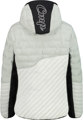 Rückseite einer Daunenjacke mit Kapuze und Markenlogo.