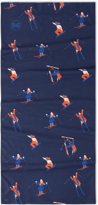Dunkelblauer Stoff mit Aufdruck von Skifahrern und Snowboardern in orange-blauen Anzügen.