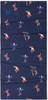 Dunkelblauer Stoff mit Aufdruck von Skifahrern und Snowboardern in orange-blauen Anzügen.