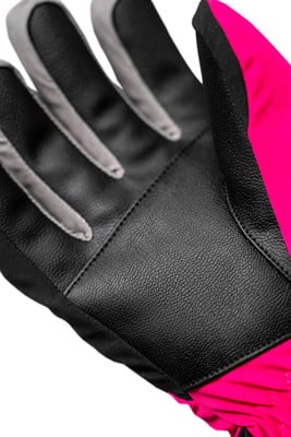 Nahaufnahme der schwarzen Lederhandfläche eines rosa Handschuhs mit grauen Fingern. Nahaufnahme der schwarzen Lederhandfläche eines rosa Handschuhs mit grauen Fingern.