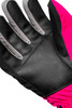 Nahaufnahme der schwarzen Lederhandfläche eines rosa Handschuhs mit grauen Fingern.
