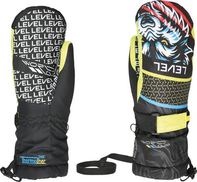 Skihandschuhe mit Wolfsmotiv und LEVEL-Schriftzug.