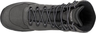 Draufsicht auf einen dunkelgrauen Wanderschuh mit Schnürsenkeln und LOWA-Logo. Draufsicht auf einen dunkelgrauen Wanderschuh mit Schnürsenkeln und LOWA-Logo.