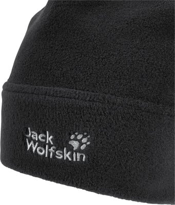 Schwarze Fleecemütze mit Jack Wolfskin Logo und Pfote. Schwarze Fleecemütze mit Jack Wolfskin Logo und Pfote.