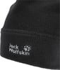 Schwarze Fleecemütze mit Jack Wolfskin Logo und Pfote.